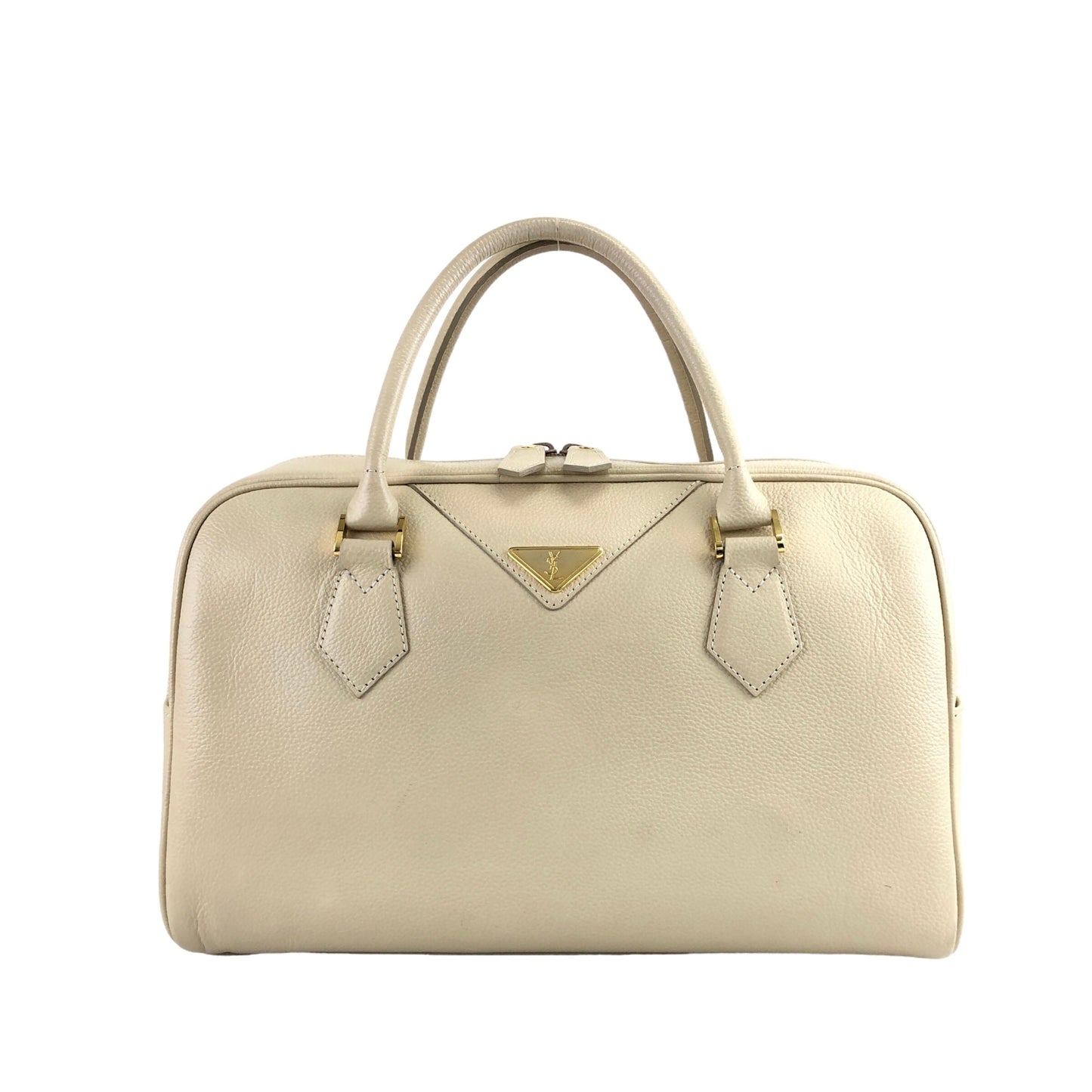 Yves Saint Laurent YSL Logo Boston bag Handbag Beige Vintage kc4cx5