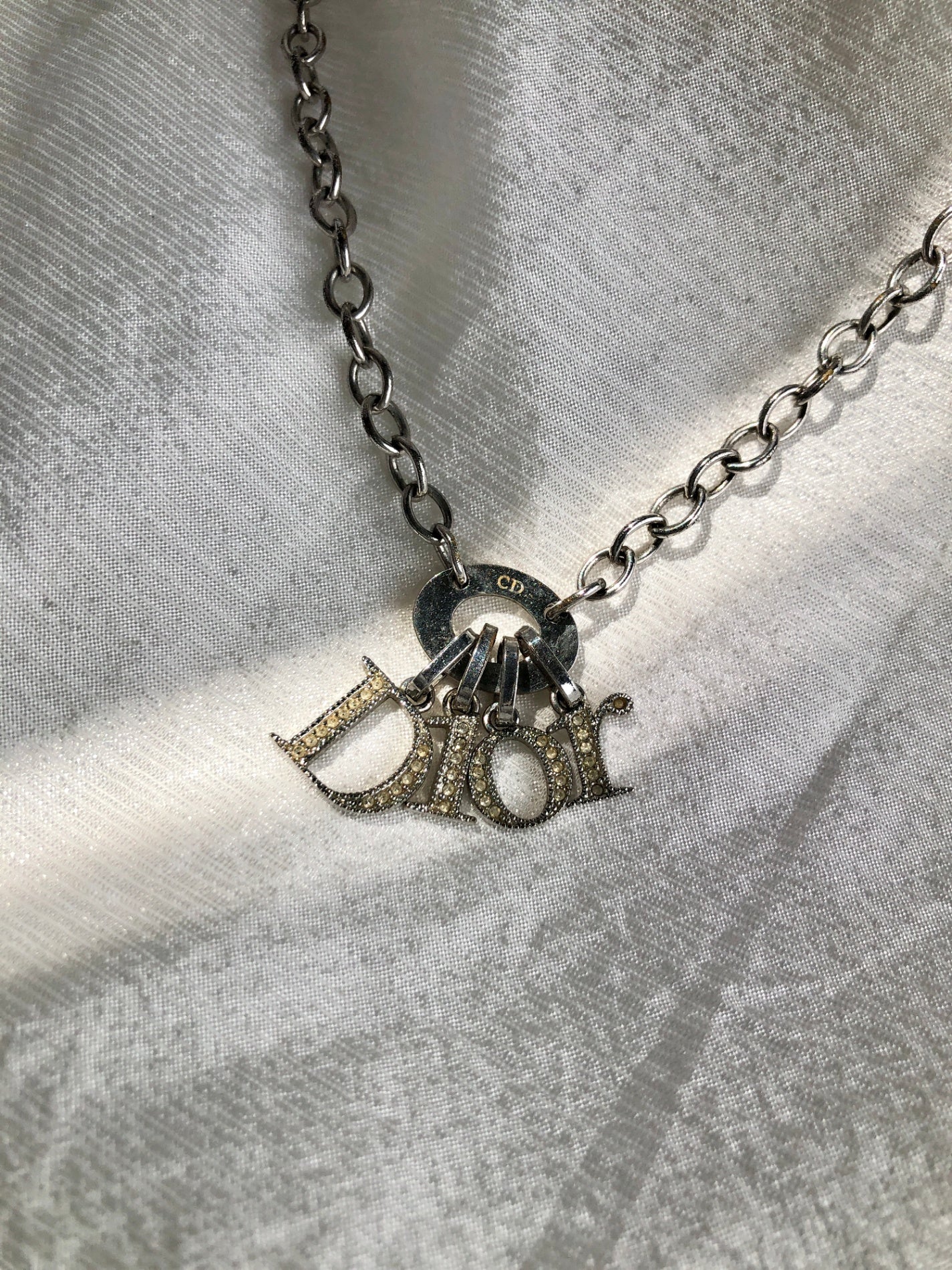 Christian Dior Logo Charm Rhinestone Necklace Silver Vintage ixriyi