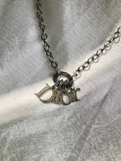 Christian Dior Logo Charm Rhinestone Necklace Silver Vintage ixriyi