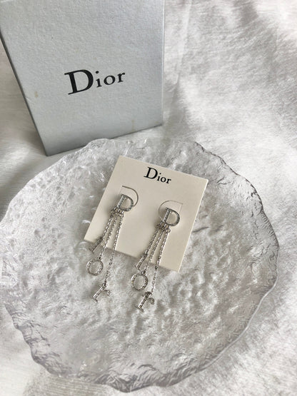 Christian Dior Logo Rhinestone Pierced Silver Vintage y8nugf