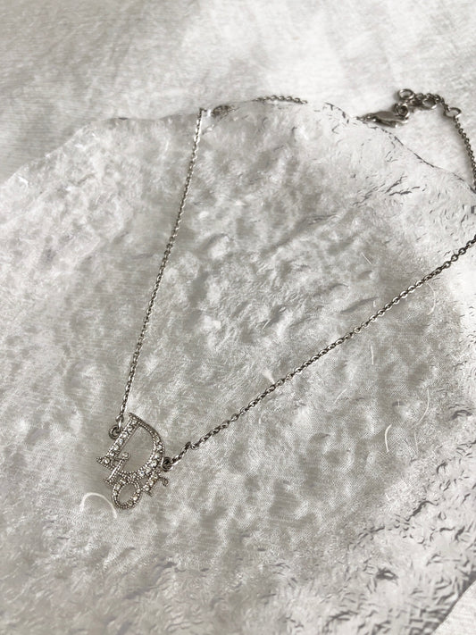 Christian Dior Logo Motif Necklace Silver Vintage 4pcr23