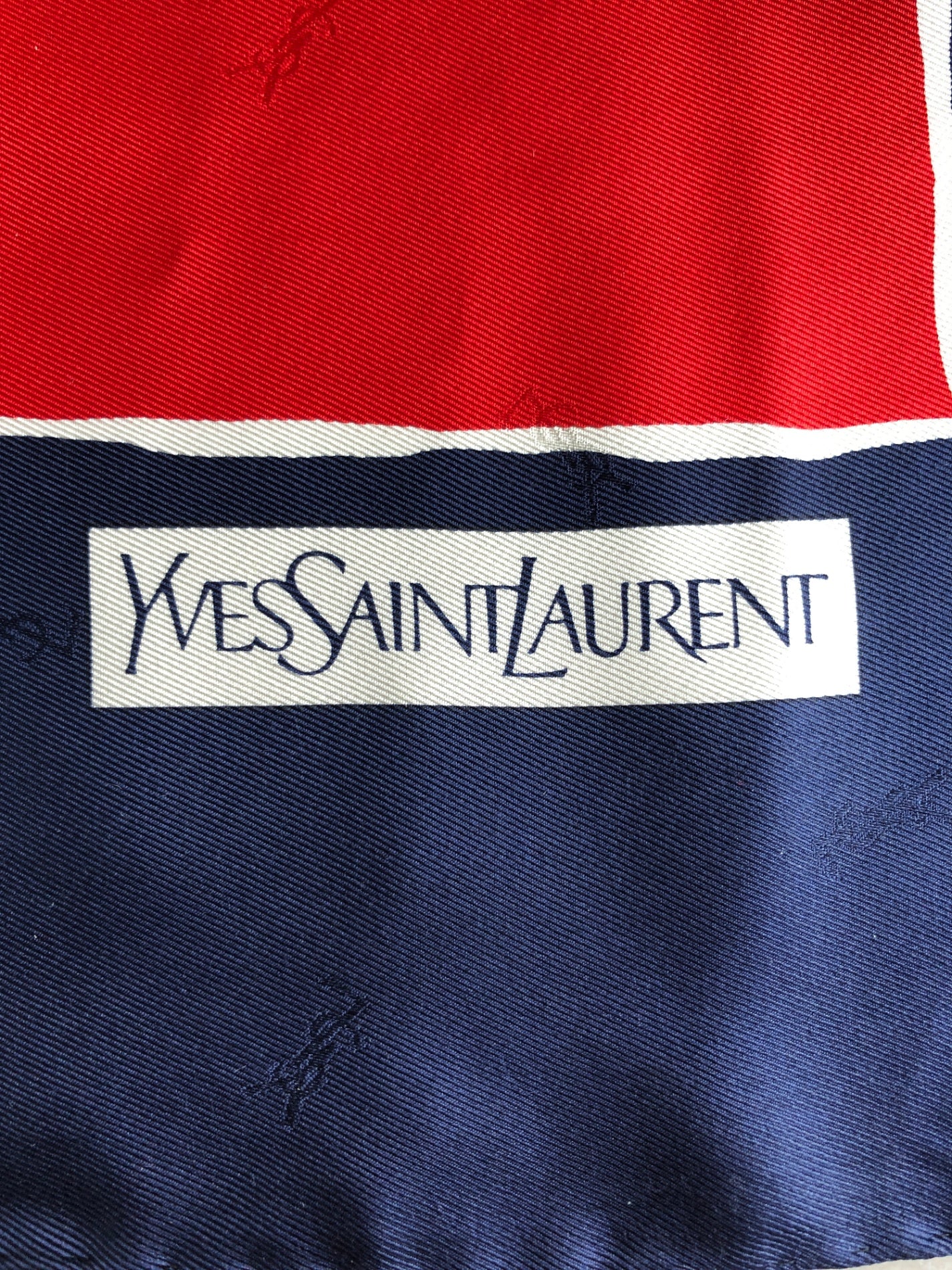Yves Saint Laurent YSL Logo Silk Scarf Navy×Red Vintage 8bb6cj