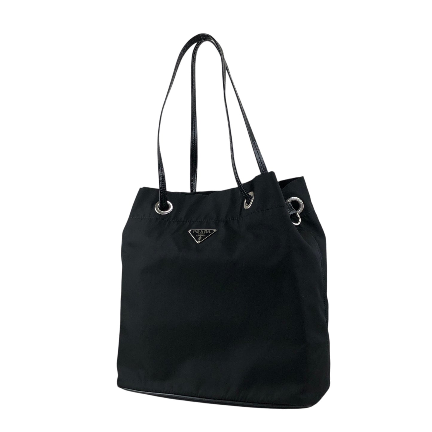 PRADA Tessuto Triangle Logo Drawstring Handbag Totebag Black Vintage 8y7i6t