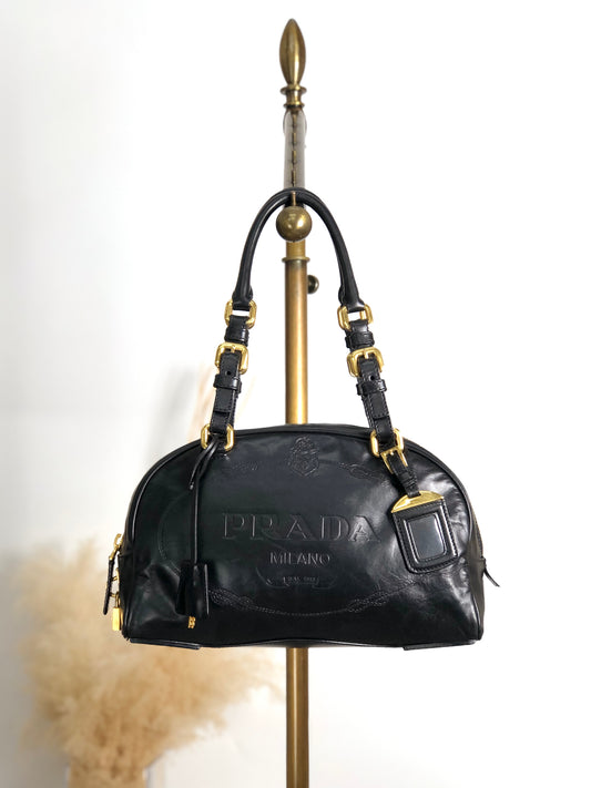 PRADA Logo Embossed Handbag Boston bag Black Vintage nvtnhw