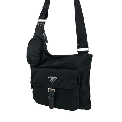 PRADA Tessuto Triangle Logo Front Buckle Shoulder bag Black Vintage h7n4ka