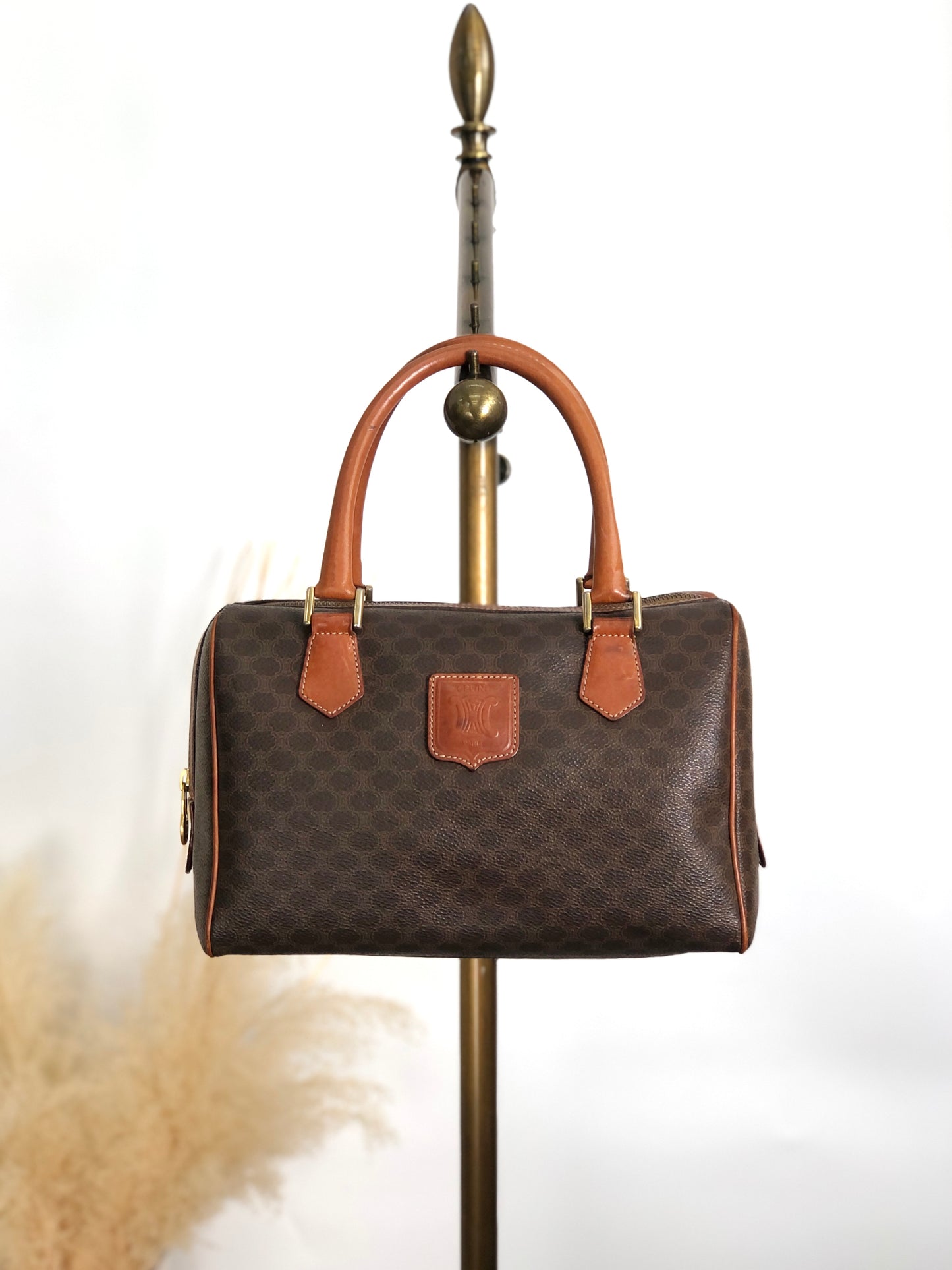 CELINE Macadam Blason Small Boston bag Handbag Brown Vintage akh2uk