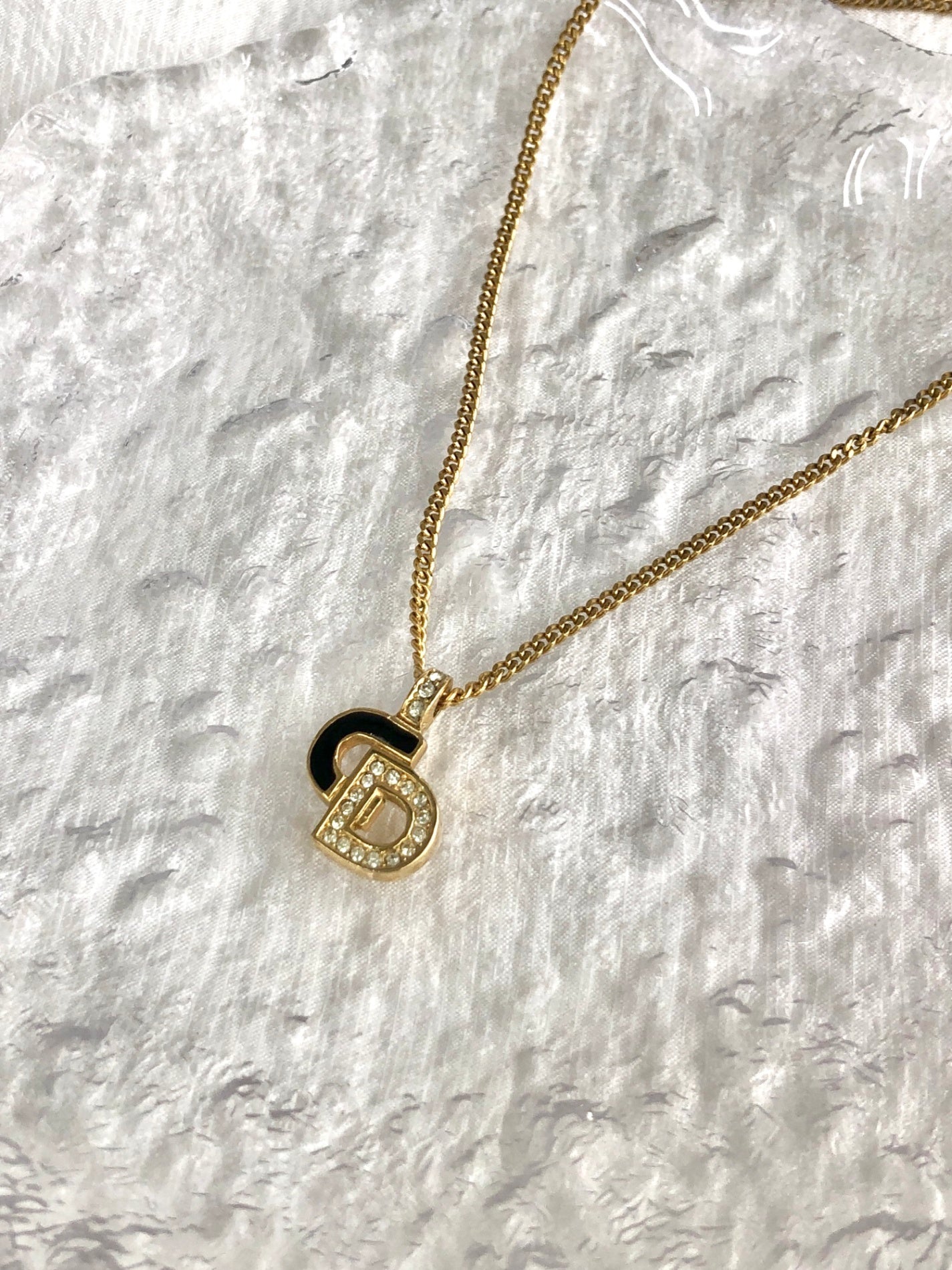 Christian Dior CD Logo Rhinestone Necklace Gold×Black Vintage iufg6r