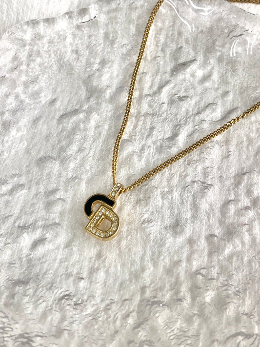 Christian Dior CD Logo Rhinestone Necklace Gold×Black Vintage iufg6r