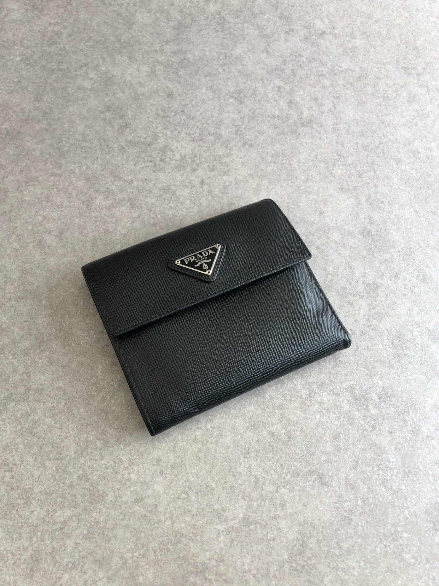 PRADA Triangle Logo Folded Wallet Black Vintage kng86t