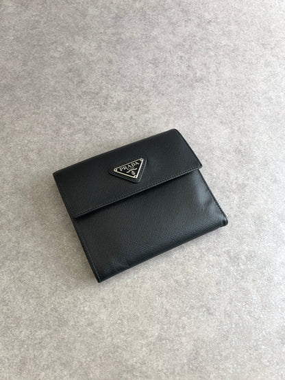 PRADA Triangle Logo Folded Wallet Black Vintage kng86t