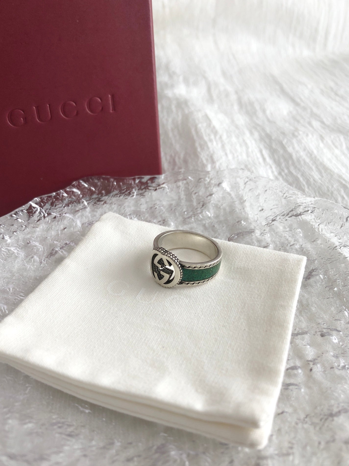 GUCCI Interlocking SILVER925 Ring Silver×Enamel Green Vintage kxthb4