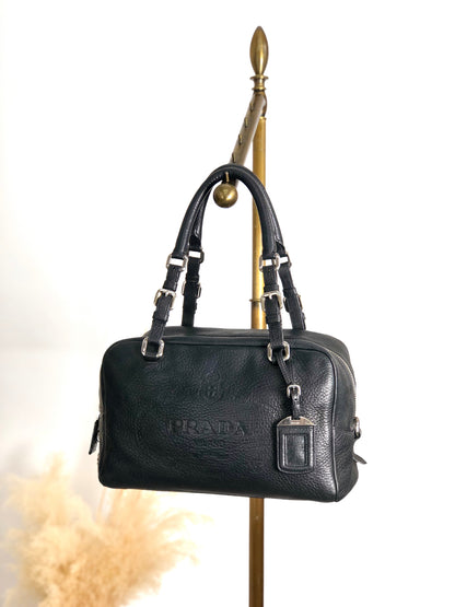 PRADA Logo Embossed Small Boston bag Handbag Black Vintage ydeszs