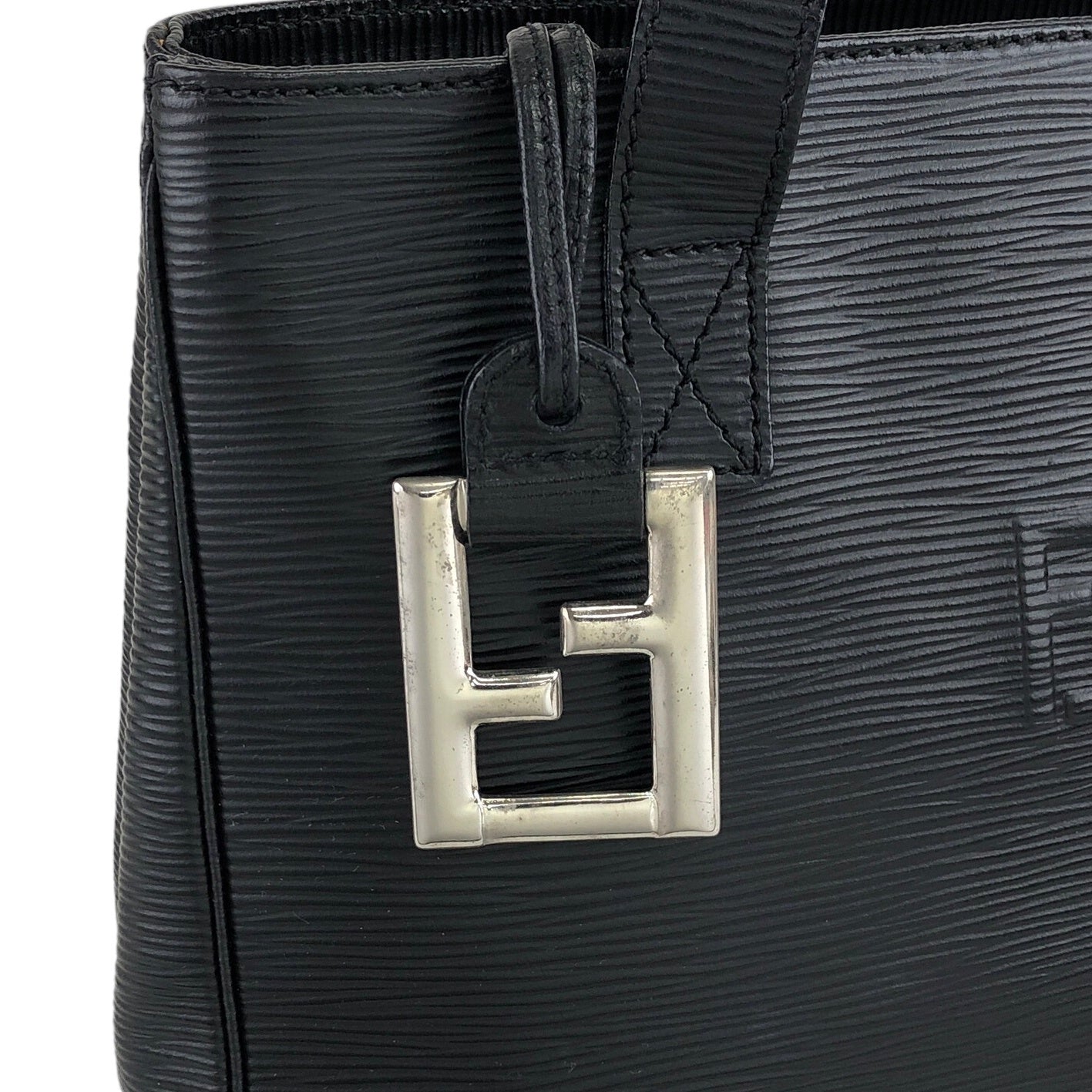 FENDI Logo Charm Handbag Black Vintage 65ke3p