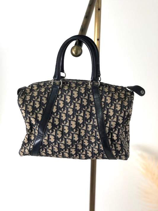 Christian Dior  Trotter  Jacquard Leather Handbag Boston bag Navy Vintage c3cnue