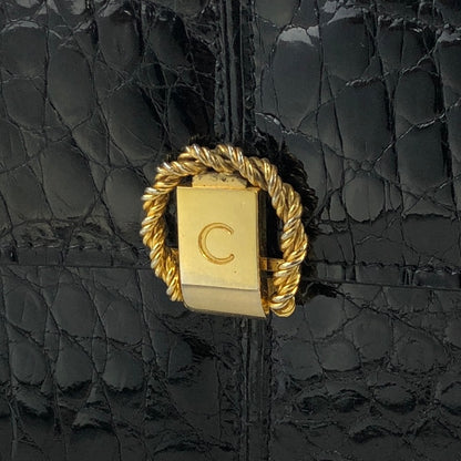 CELINE C Logo Crocodile Embossed Leather Chain Shoulder bag Black Vintage cxfmtw