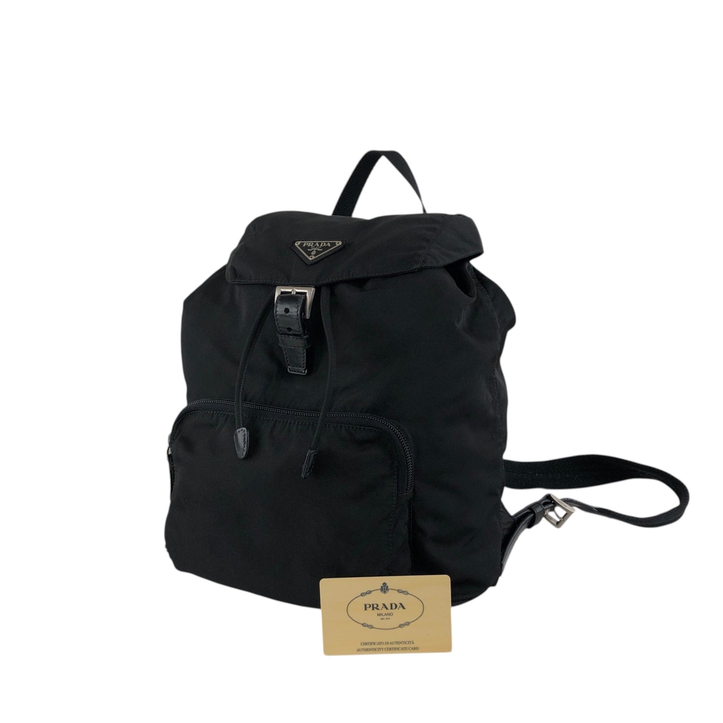 PRADA Tessuto Triangle Logo Front Buckle Backpack Black Vintage vwh35w