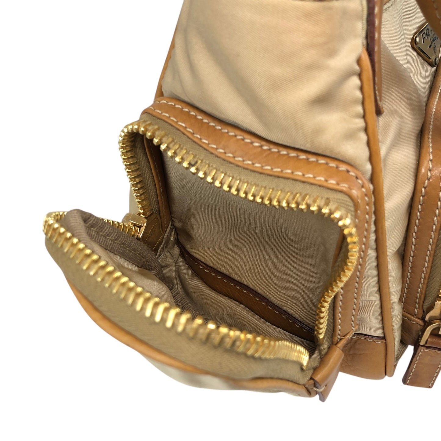 PRADA Tessuto Triangle Logo Side Pocket Handbag Beige Vintage a35ftn