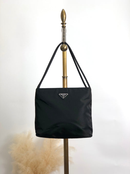 PRADA Triangle Logo Handbag Black Vintage sfzwud