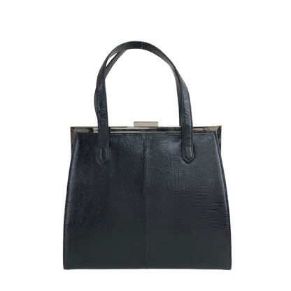 Yves Saint Laurent Logo  Lizard Leather Metal Clasp Handbag Black Vintage w8turv