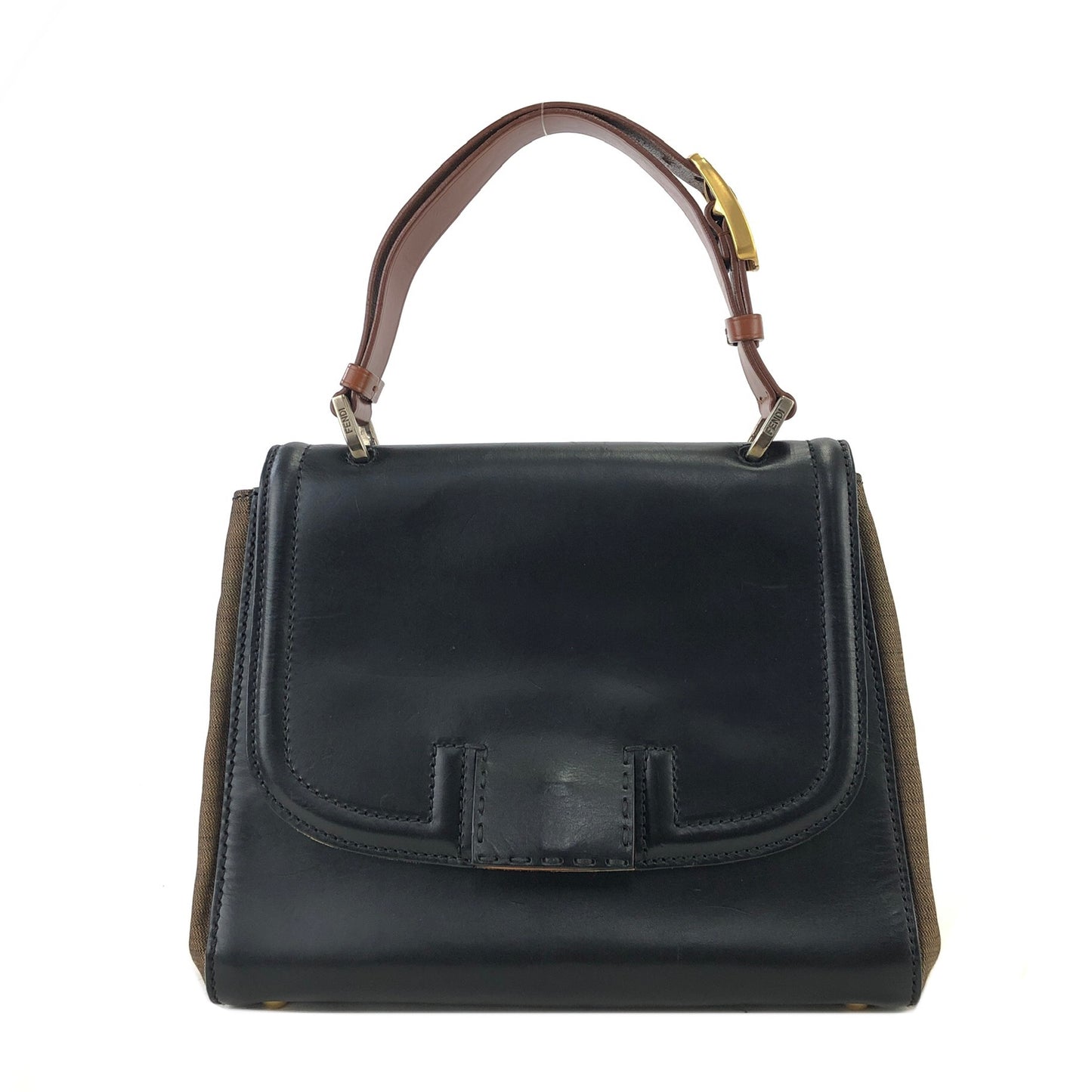 FENDI Silvana Pecan  Leather Jacquard Handbag Black 119-2461 Vintage v34sgf