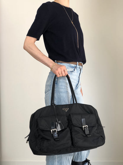 PRADA Tessuto Triangle Logo Double Pocket Handbag Boston bag Black Vintage 84gcbc