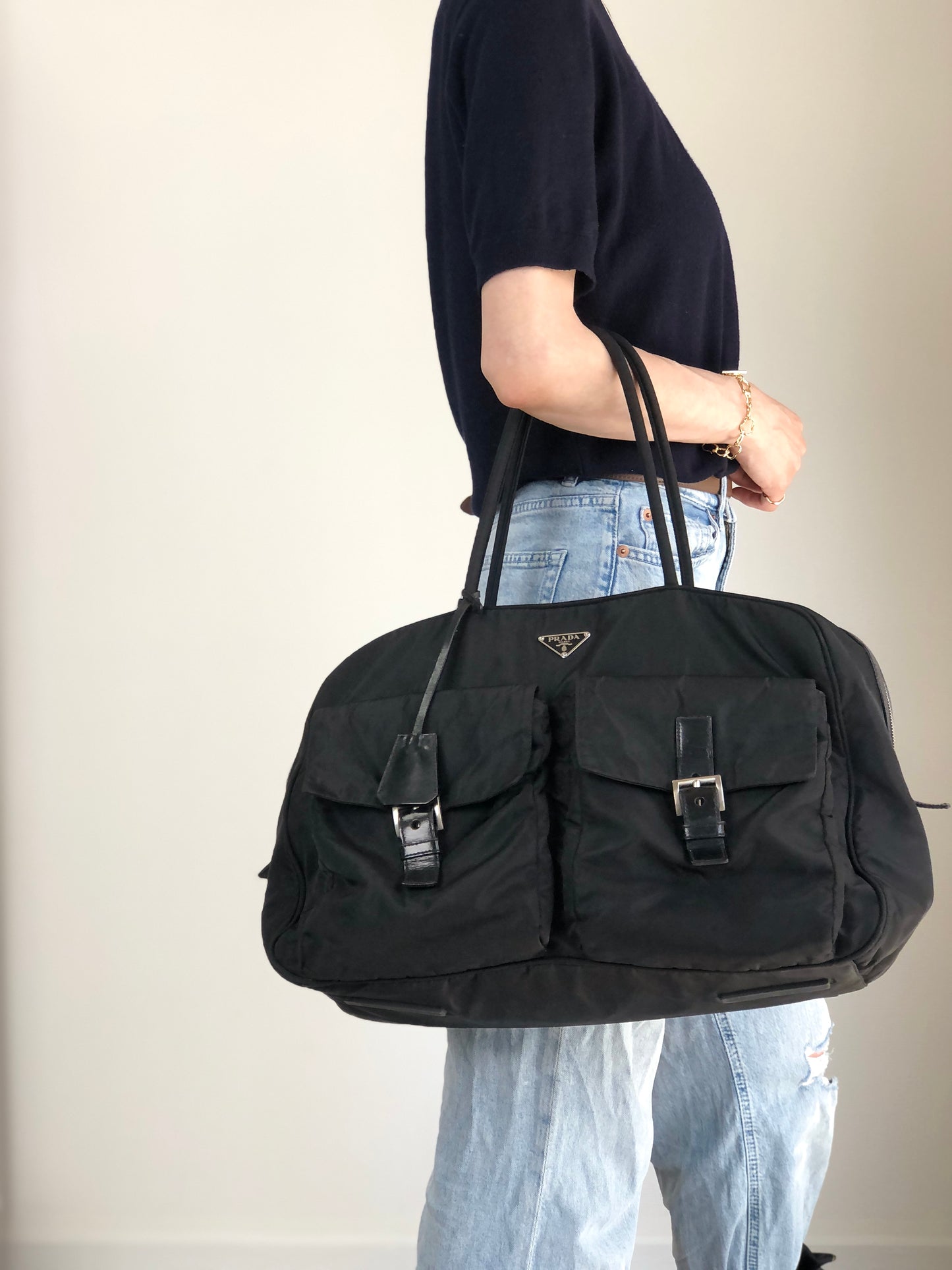 PRADA Tessuto Triangle Logo Double Pocket Handbag Boston bag Black Vintage 84gcbc