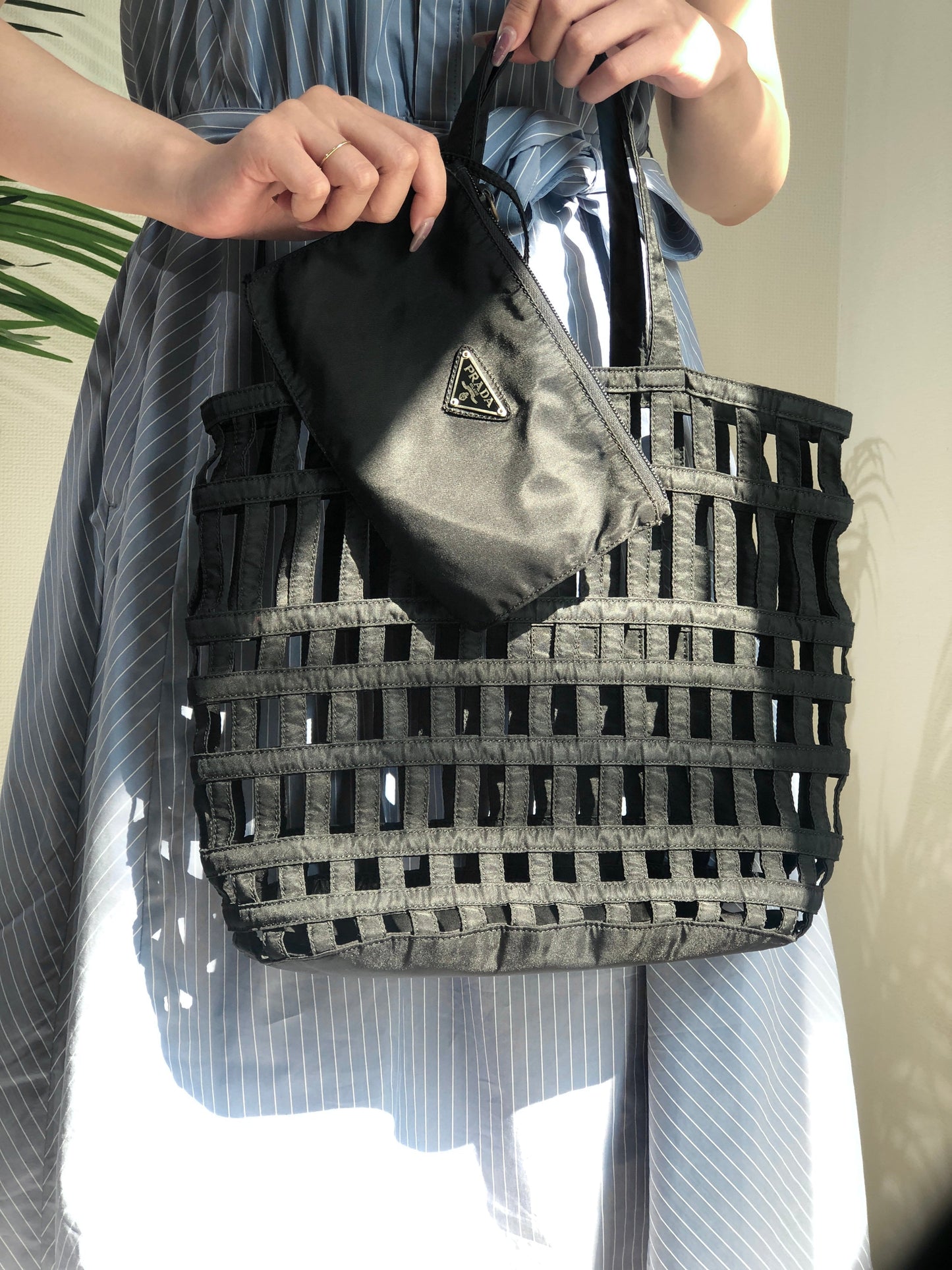 PRADA Nylon Cutout Handbag With Pouch Black Vintage Old b64rft