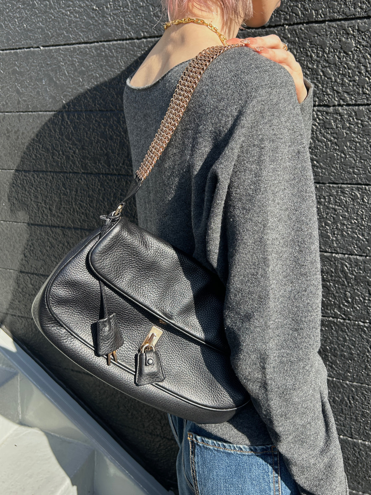 PRADA Turn Lock Shoulder bag Black Vintage atdszw