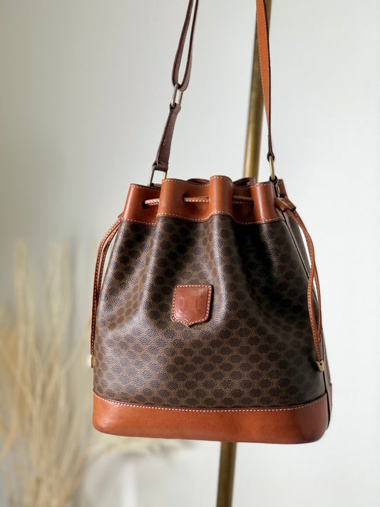 CELINE Macadam Blason Drawstring Shoulder bag Brown Vintage bd375h