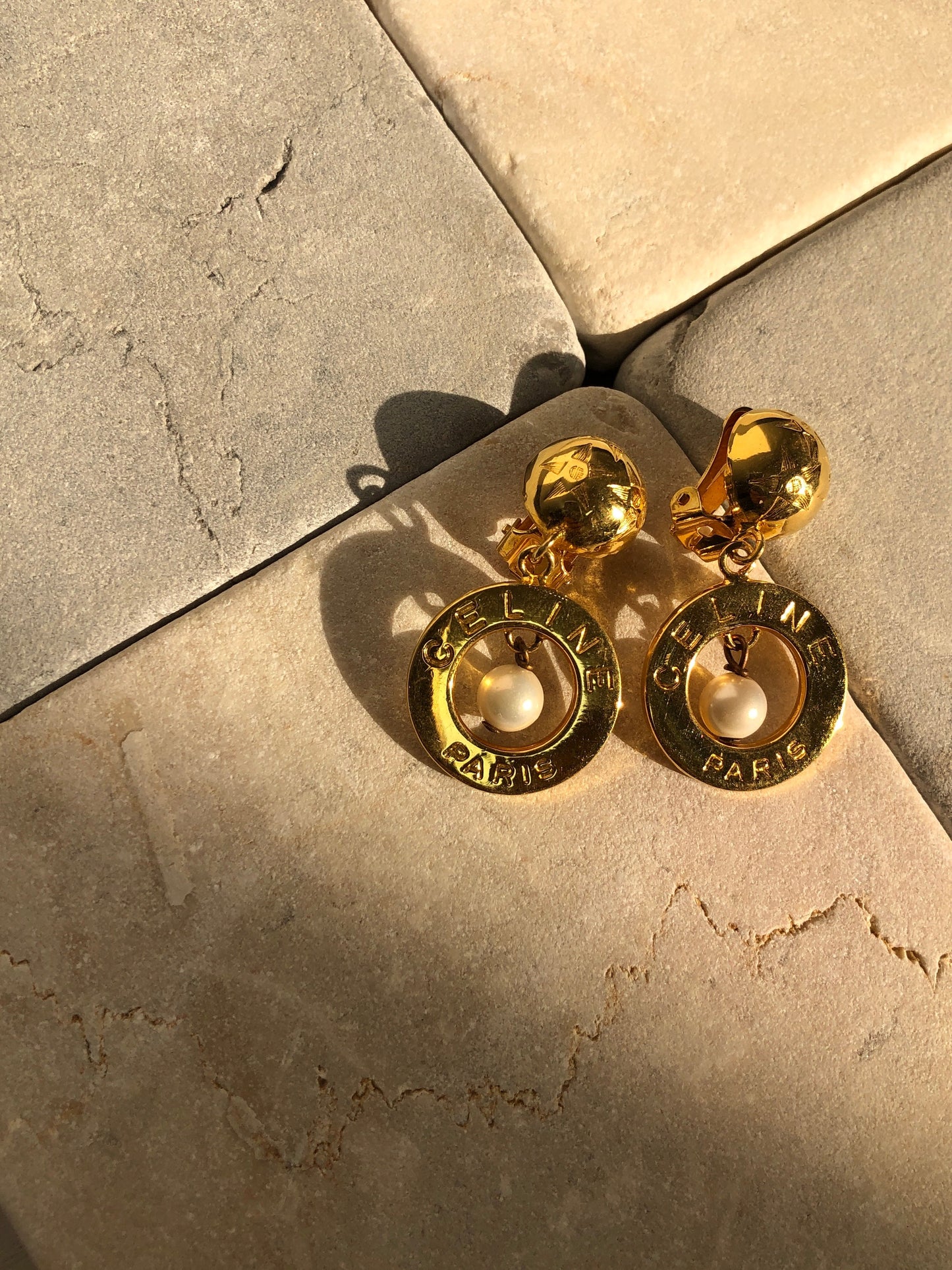 CELINE Logo Circle Earrings Gold vintage old ppx74p