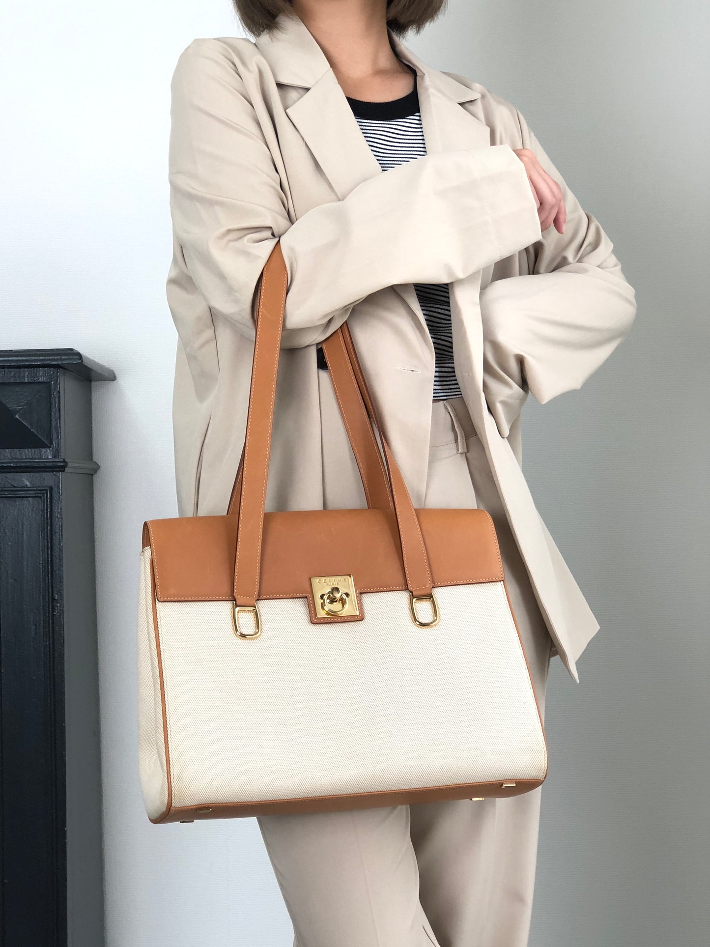 CELINE Gancini Handbag Beige×Brown Vintage hzaany