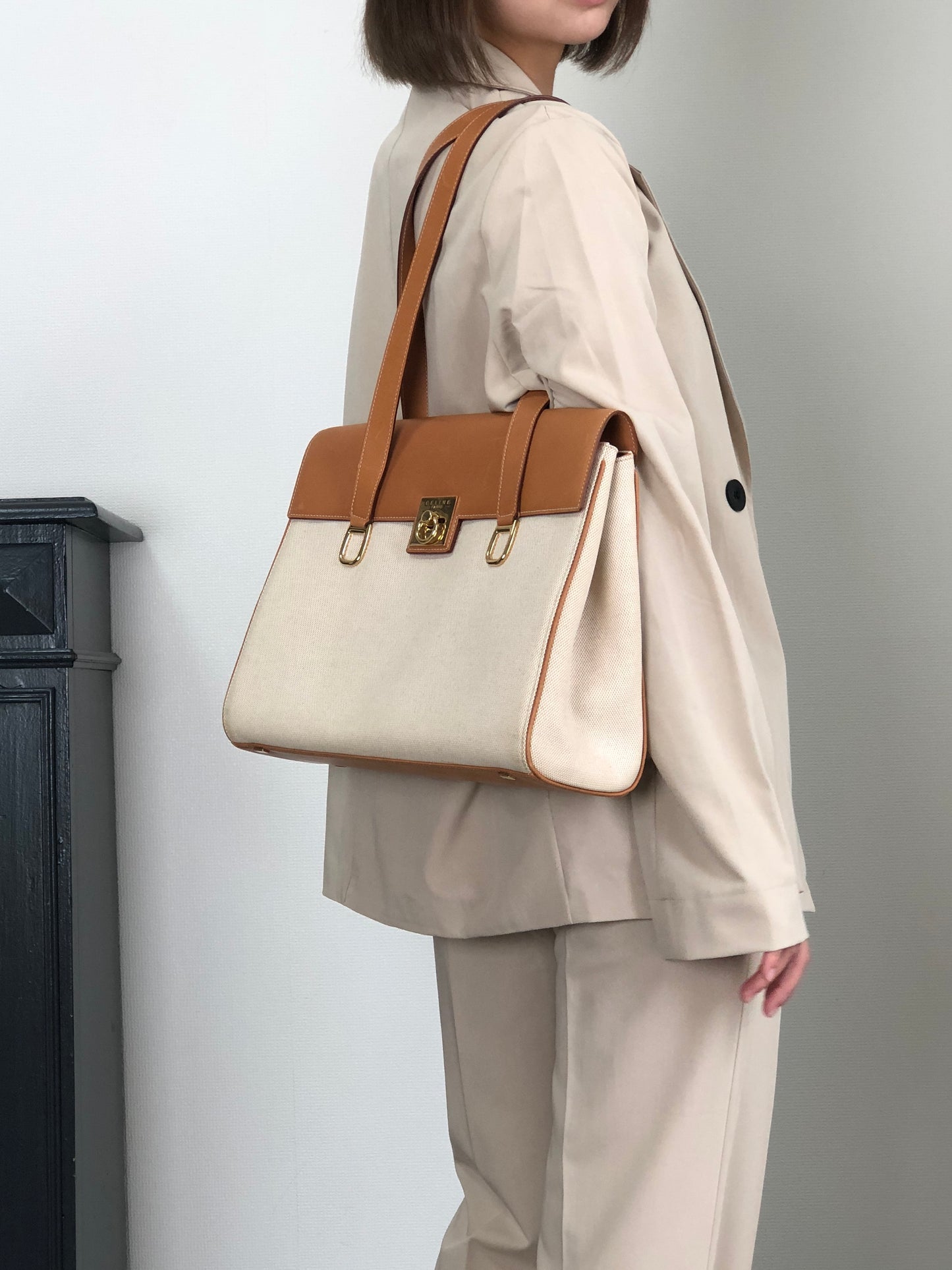 CELINE Gancini Handbag Beige×Brown Vintage hzaany