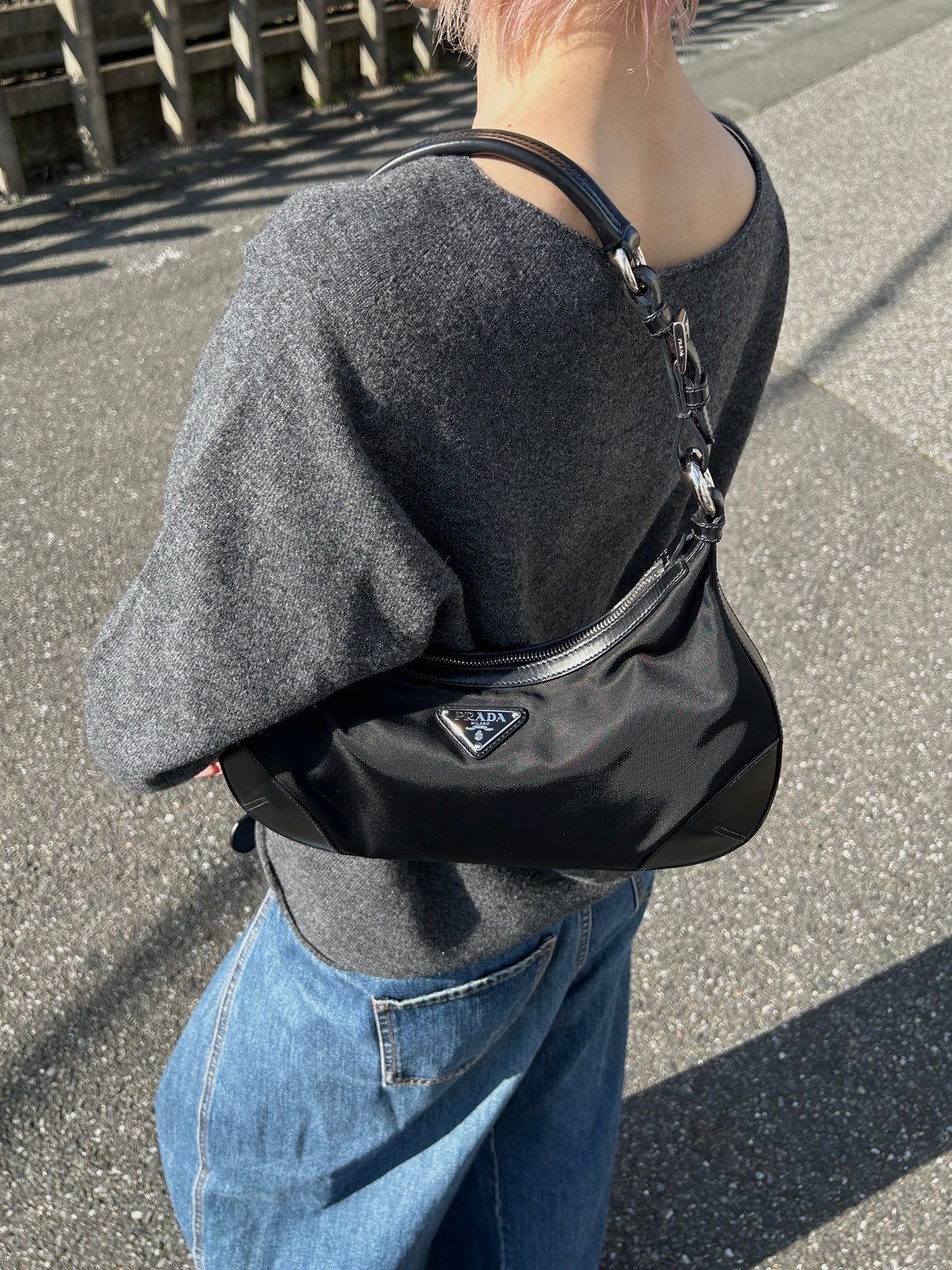 PRADA Triangle Logo Shoulder bag Hobobag Black Vintage cpgmii