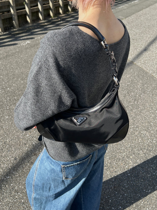 PRADA Triangle Logo Shoulder bag Hobobag Black Vintage cpgmii