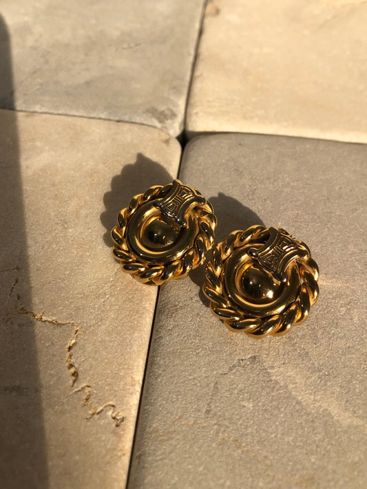 CELINE Triomphe Circle Earrings Gold Vintage Old Celine k2ckpg
