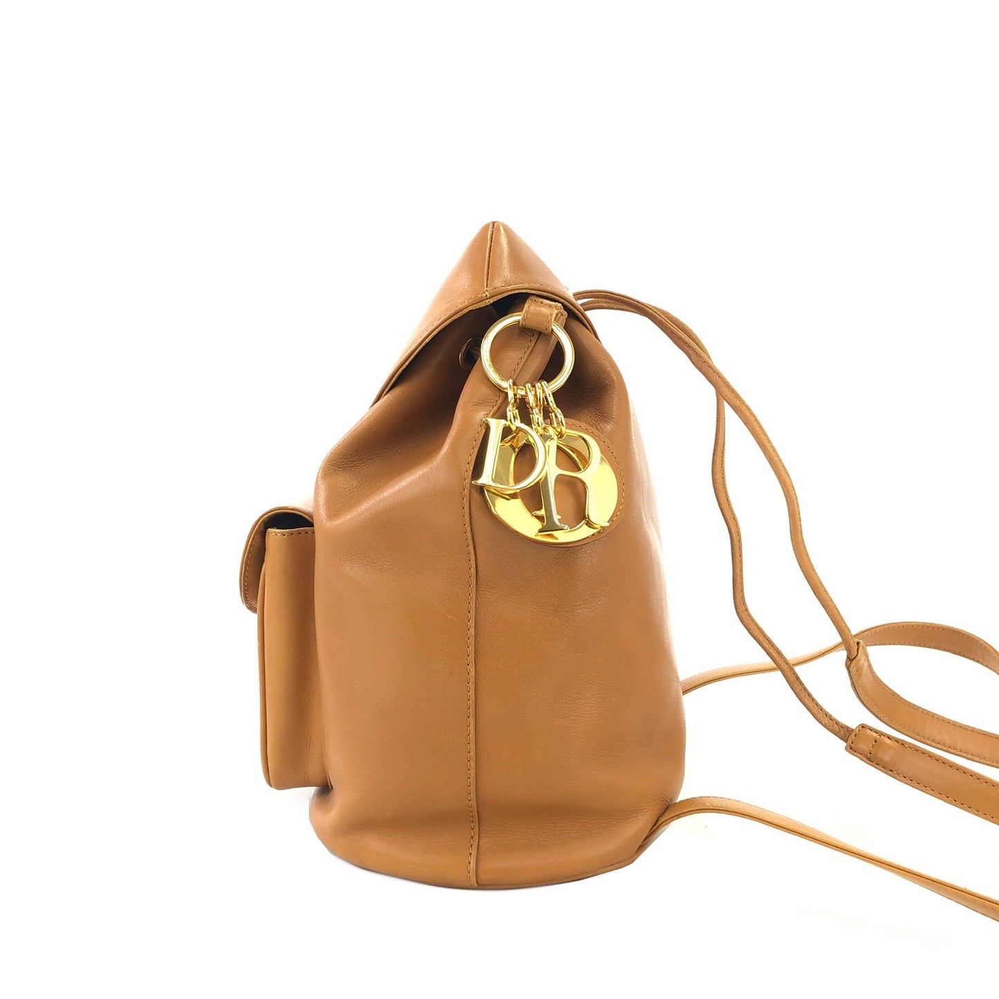 Christian Dior Drawstring Leather Backpack With Charm Camel Vintage ytmpx7