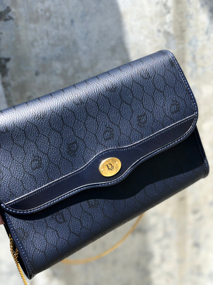 Christian Dior Logo Honeycomb Pattern Chain Crossbody Shoulderbag Navy Vintage Old 3yspde