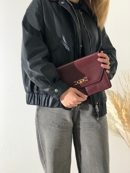 CELINE Triomphe 皮革手拿包 酒紅色 復古 7eheyp