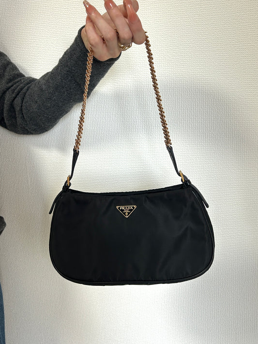 PRADA Tessuto Triangle Logo Chain Shoulder bag Black Vintage z4kic8