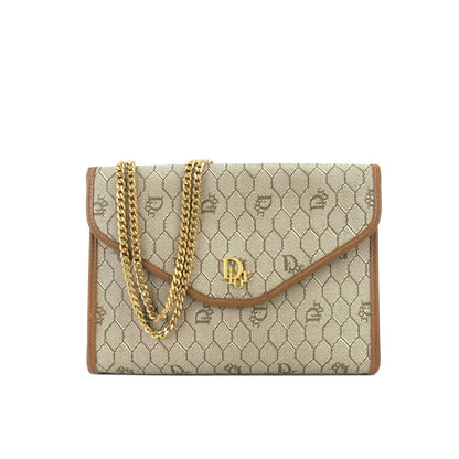 Christian Dior Logo Honeycomb Pattern Chain Crossbody Shoulderbag Beige Vintage Old cdtzdw