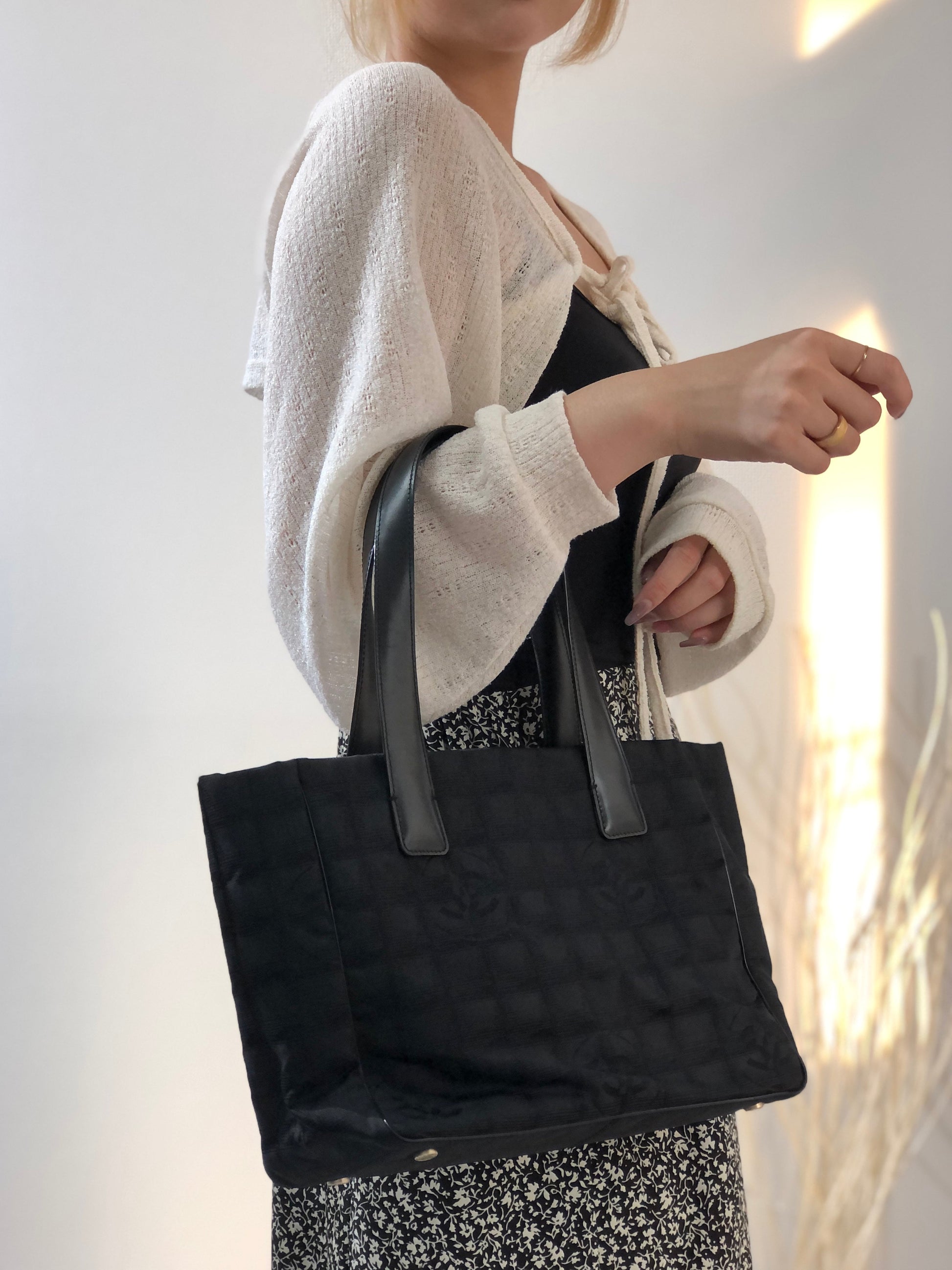 CHANEL New Travel Line PM Nylon Jacquard Handbag Tote Bag Black