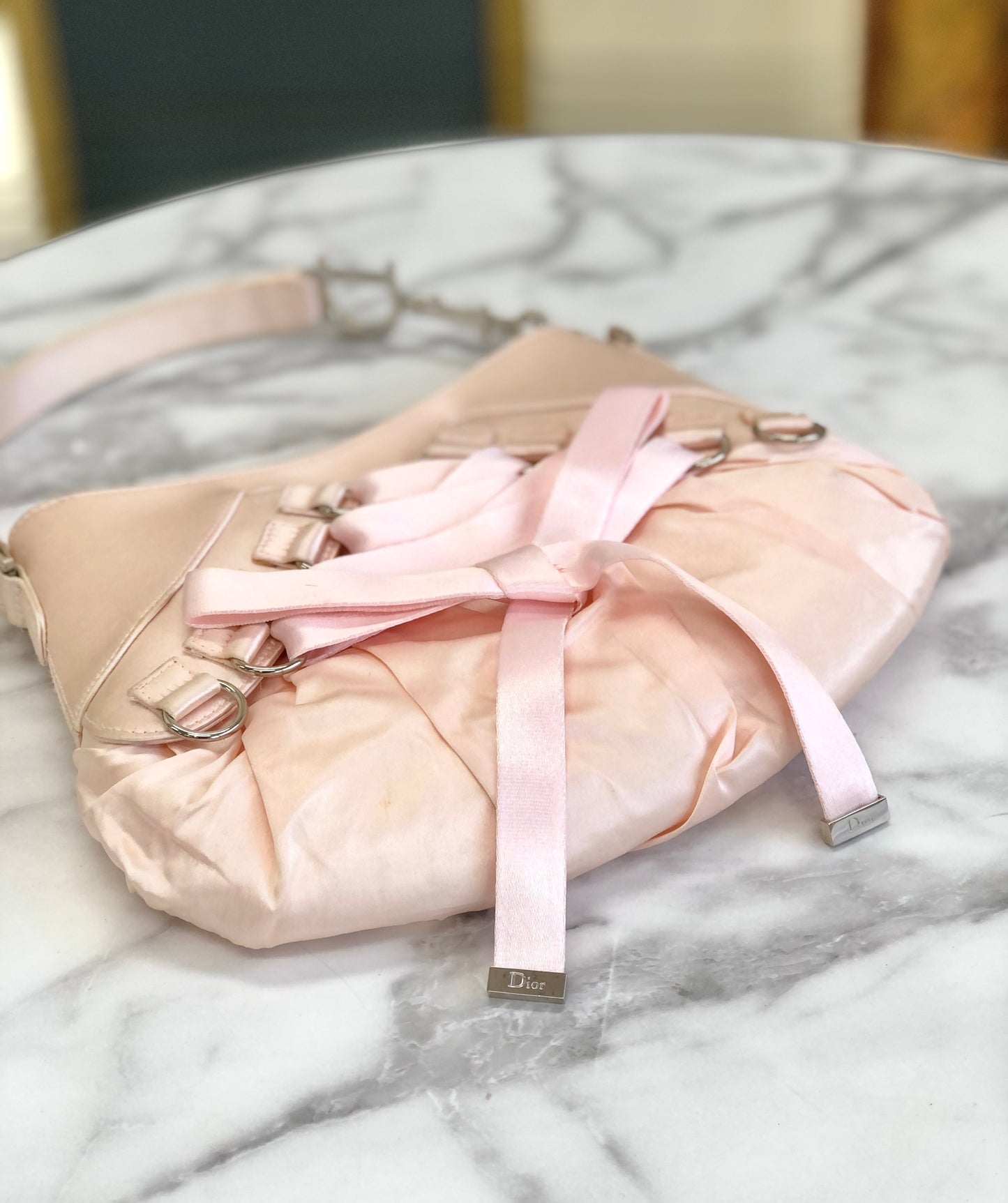 Christian Dior Logo Lace up Satin Handbag Pink Vintage ybskij