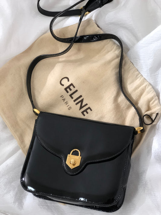 CELINE Padlock Turn Lock Patent Leather Crossbody Shoulder bag Black Vintage Old Celine aupwwr