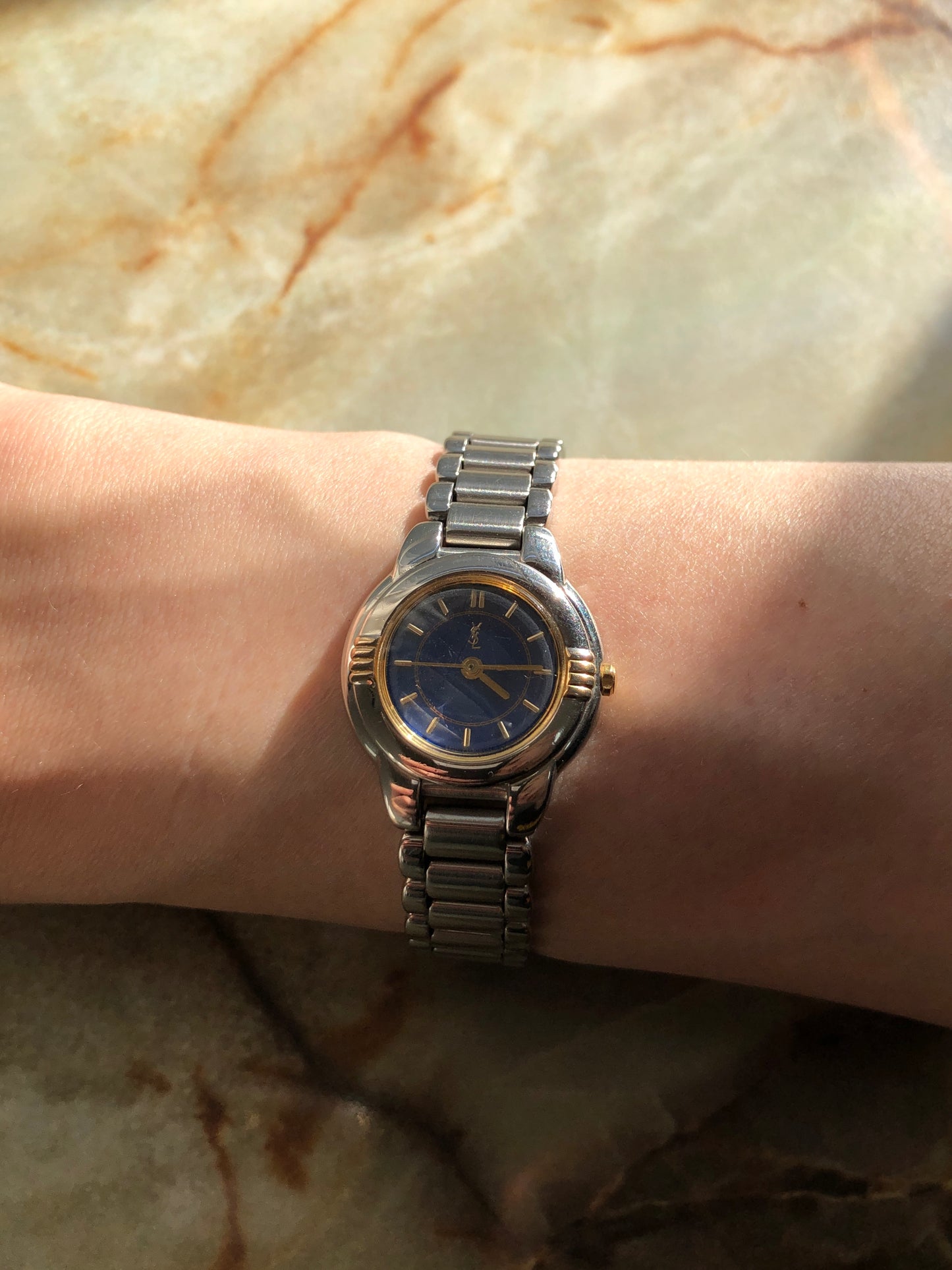 Yves Saint Laurent YSL Logo Quartz Watch Silver×Navy 5930-F91474 TA Vintage wg2id7
