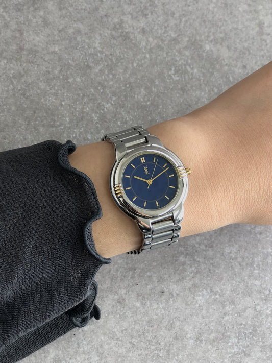 Yves Saint Laurent YSL Logo Quartz Watch Silver×Blue 6031-G11246 Vintage rcren6