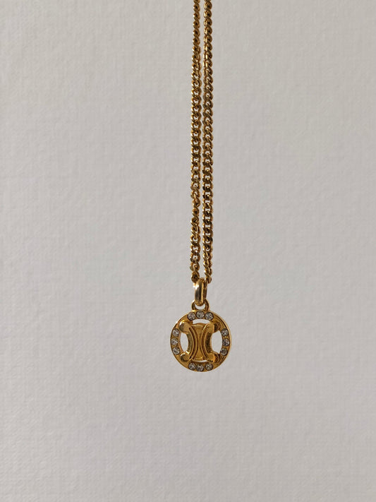 CELINE Triomphe Rhinestone Circle Necklace Gold Accessory Vintage Old Celine hjmkff