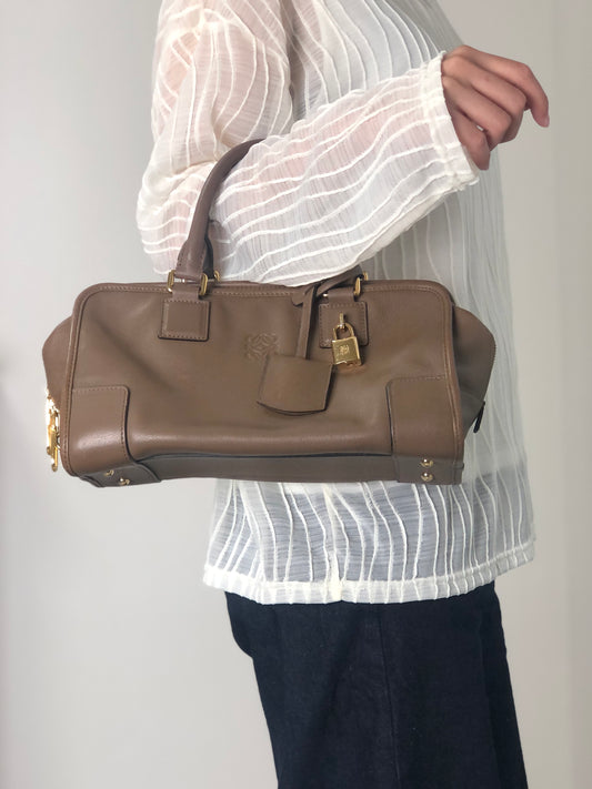 LOEWE Amazona28 Anagram Small Boston bag Handbag Beige Vintage euhpr8