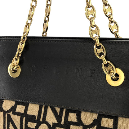 CELINE Logo pattern Fabric Chain Tote bag Shoulder bag Brown Vintage Old Celine 4apir4