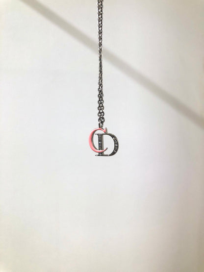 Christian Dior CD Logo Necklace Pink Silver Vintage Old nya2c5