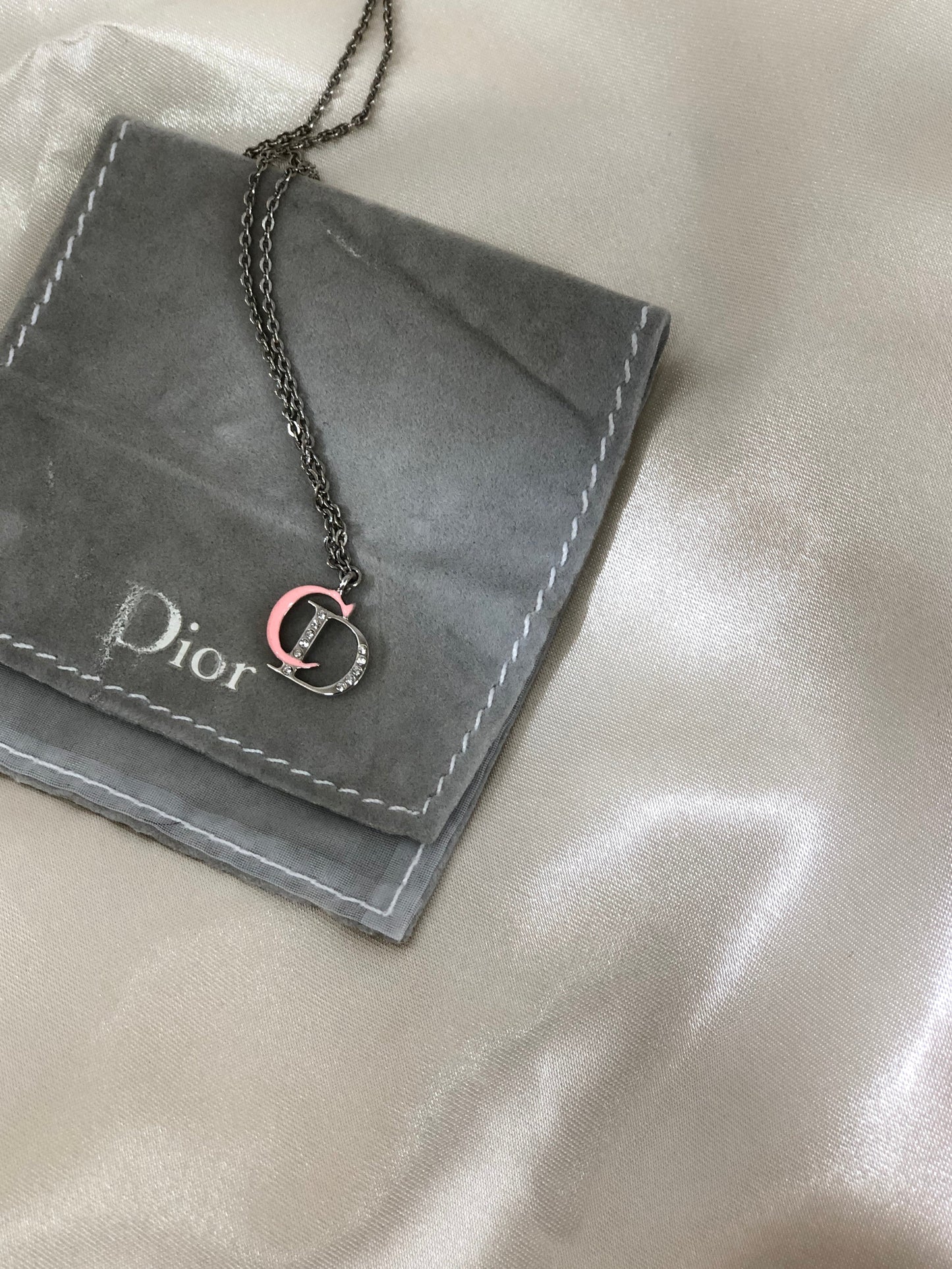 Christian Dior CD Logo Necklace Pink Silver Vintage Old nya2c5
